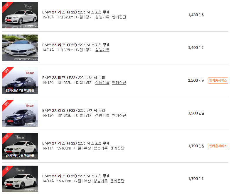 BMW 2시리즈 중고차 가격